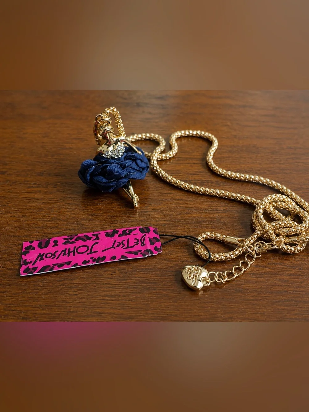 Betsey Johnson Ballerina Pendant Necklace NWT Navy Tutu 30” Gold Tone Crystal